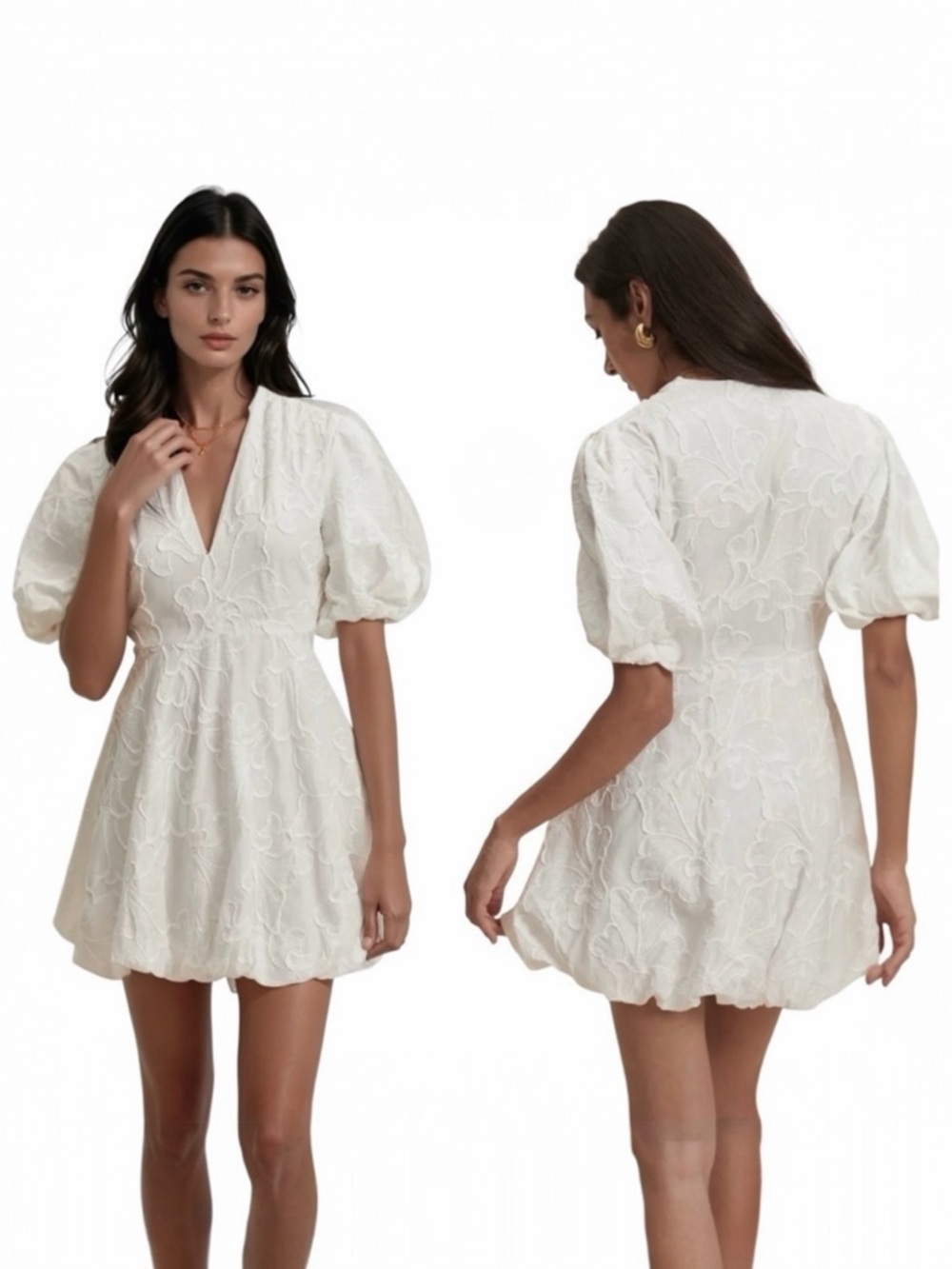 Christian Lacroix Floral Embroidery V Neck Puff Sleeve Bubble Hem Mini Dress - Picture 2 of 16